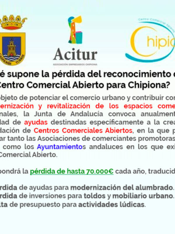 Ciudadanos Chipiona lamenta la pérdida del reconocimiento de Centro Comercial Abierto en la localidad