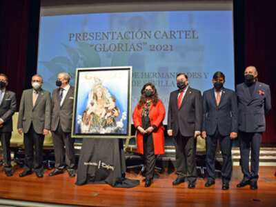 La obra pictórica de las Glorias de  María 2021 fue presentada en el teatro Cajasol.