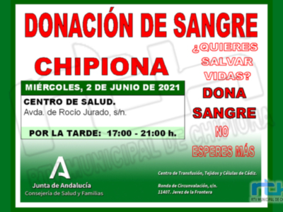 Llamamiento para un nueva donación colectiva de sangre este  miércoles 2 de junio en Chipiona 