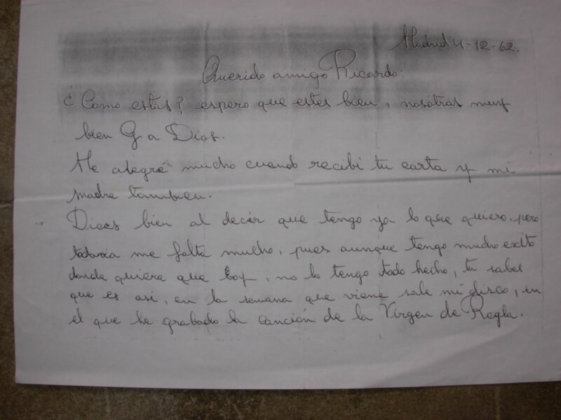 La verdadera letra de Rocío Jurado en una carta enviada a su amigo personal Ricardo Naval publicada en exclusiva por Diario de Cádiz el 19 de febrero