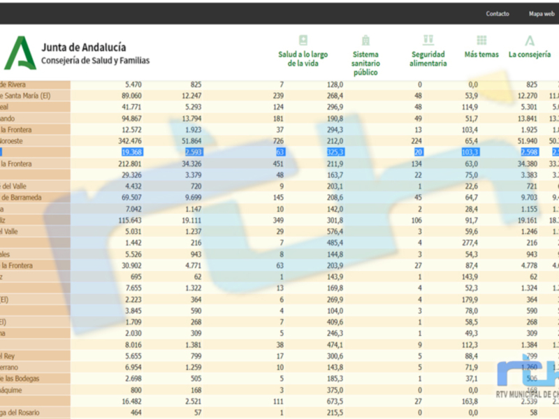 Tabla estadística de la Junta de Andalucía sobre indicadores de salud y sistema sanitario en diferentes municipios andaluces.