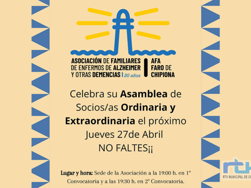 Alzheimer Chipiona celebra mañana jueves una asamblea ordinaria y otra extraordinaria