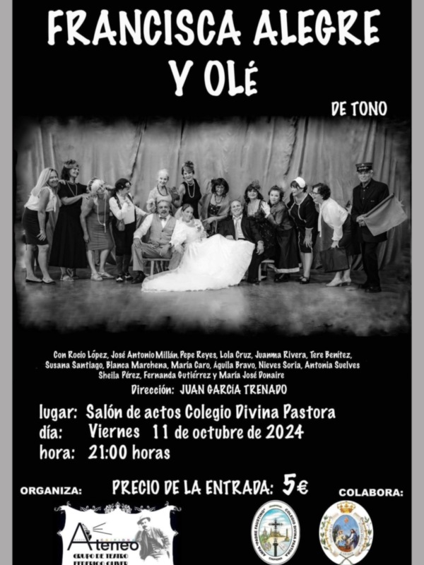 Una representación teatral en el Salón de Actos del Colegio Divina Pastora, con la participación de actores y actrices vestidos con trajes de época, en una celebración festiva llamada 'Franciscasca Alegre Y Olé'.