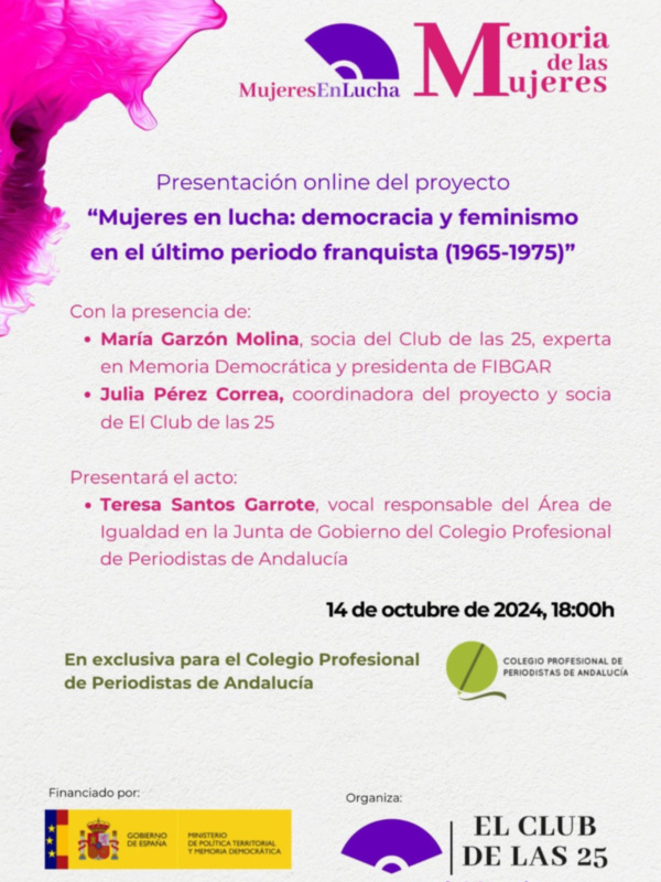 El Colegio Profesional de Periodistas de Andalucía (CPPA) acoge el próximo 14 de octubre la charla online ‘Mujeres en lucha