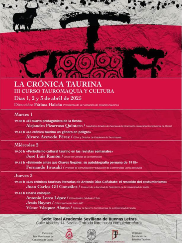 Mañana comienza la tercera edición del Curso Tauromaquia y Cultura, organizado en Sevilla por la Fundación de Estudios Taurinos