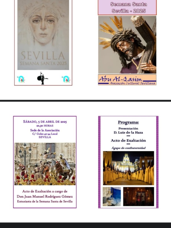 Una presentación de eventos culturales en Sevilla, incluyendo actos de extinción y programas relacionados con la Semana Santa.